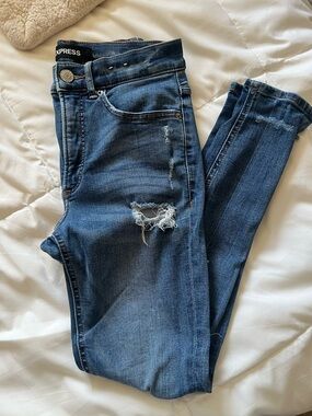 Express High-Rise Distressed Dark Blue Skinny Jeans - Express